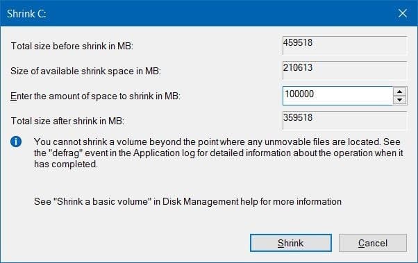 Réduire le volume ou la partition dans Windows 10 (3)