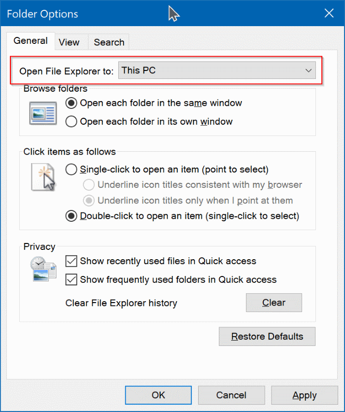 ouvrez l'Explorateur de fichiers sur ce PC par défaut dans Windows 10