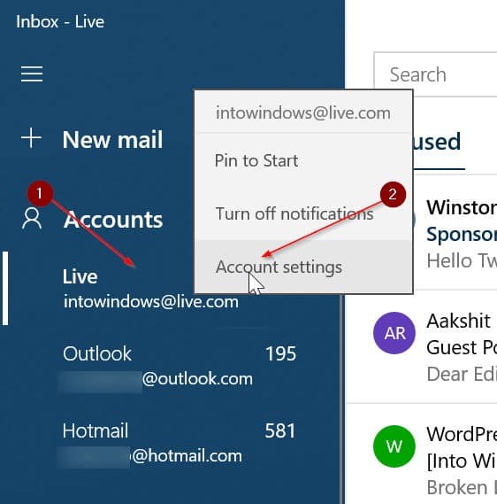 réorganiser les comptes de messagerie dans l'application de messagerie Windows 10 pic1