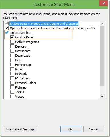 Ajouter le panneau de configuration au menu Démarrer dans Windows 10 step8