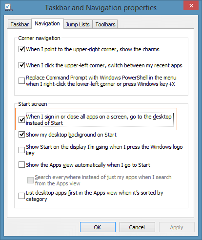 Afficher le bureau après la fermeture des applications dans Windows 8.1 étape 2