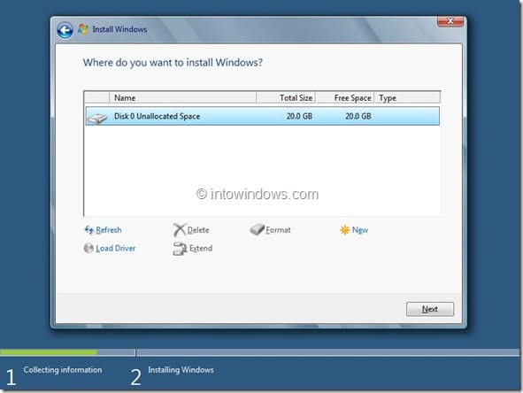Procédure d'installation de Windows 8 Étape 7