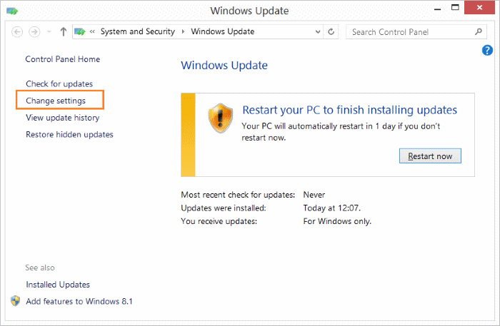 Désactiver la mise à jour Office 2016 2013 de Windows 8.1 step1