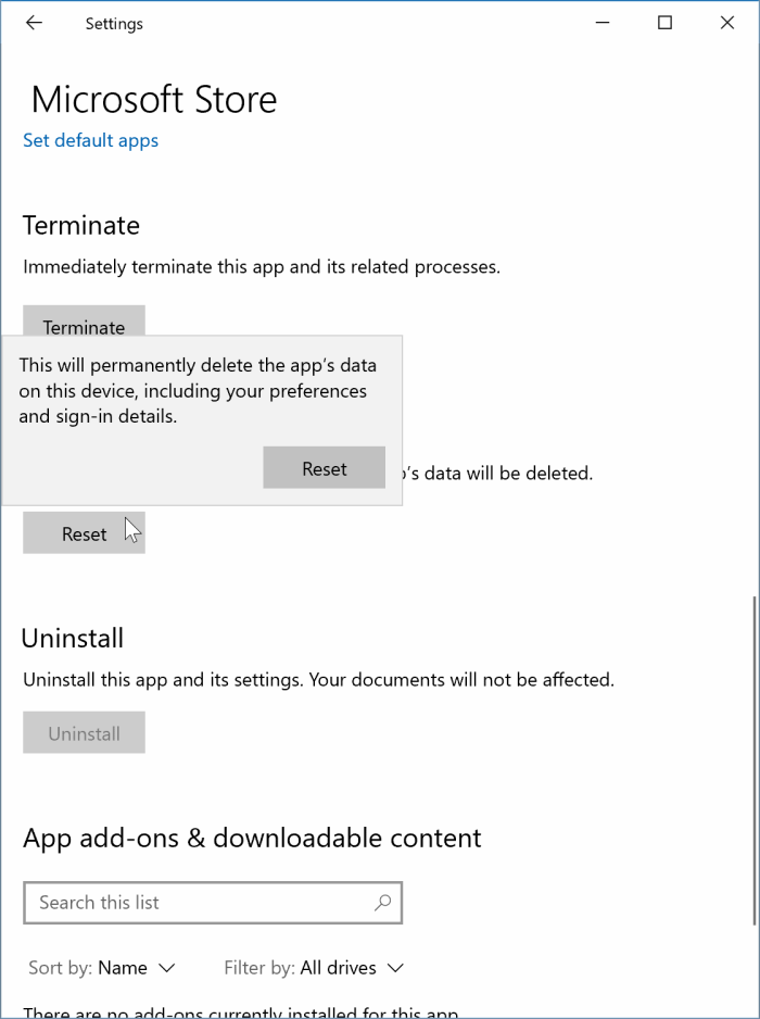 réinitialiser l'App Store dans Windows 10 pic3