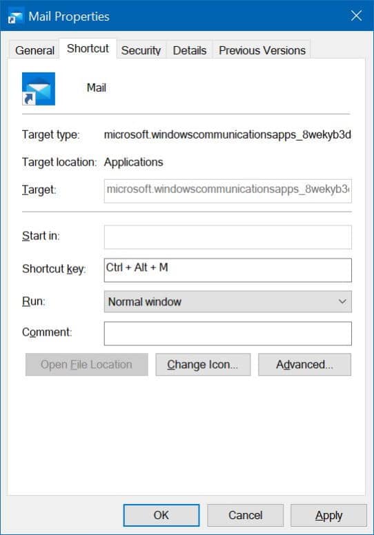 créer un raccourci clavier pour lancer des applications dans Windows 10 pic4