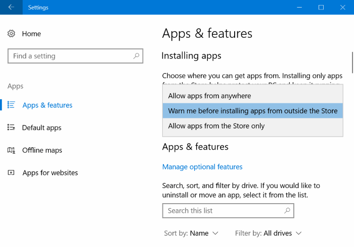 empêcher l'installation d'applications depuis l'extérieur du magasin dans Windows 10 pic2