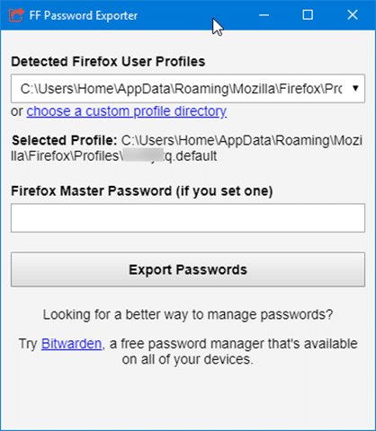 exporter les mots de passe Firefox vers un fichier CSV ou JSON dans Windows 10
