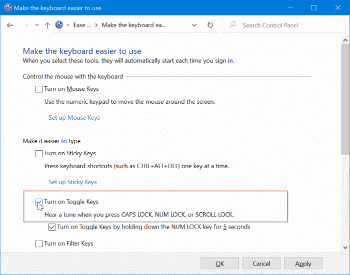 activer ou désactiver l'indicateur sonore et visuel pour le verrouillage des majuscules et le verrouillage des numéros dans Windows 10 pic6