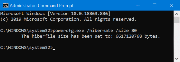 modifier la taille du fichier d'hibernation dans Windows 10 pic2
