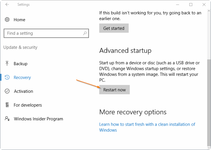 Accédez aux paramètres UEFI à l'étape 4 de Windows 10