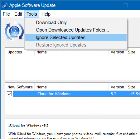 désactiver l'écran de mise à jour du logiciel Apple dans Windows 10 étape 2