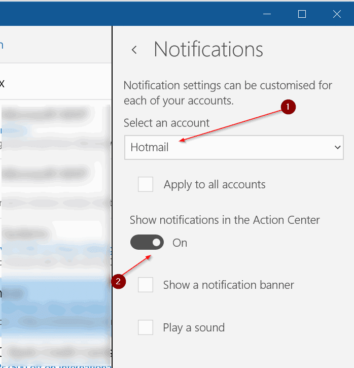 désactiver les notifications par e-mail dans le centre d'action Windows 10 pic3
