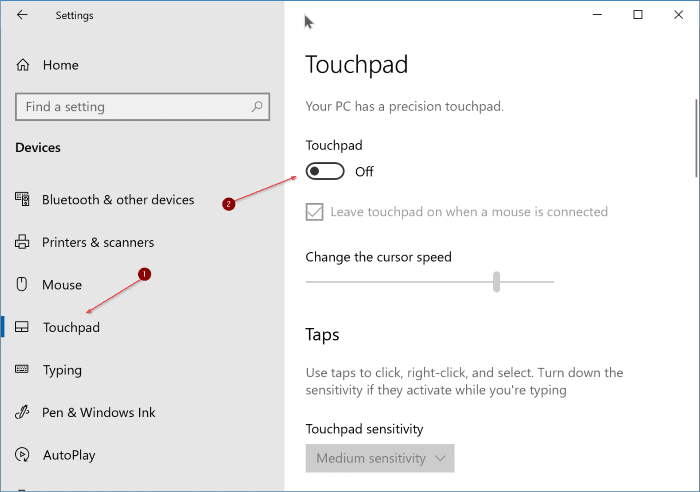 désactiver le pavé tactile dans Windows 10