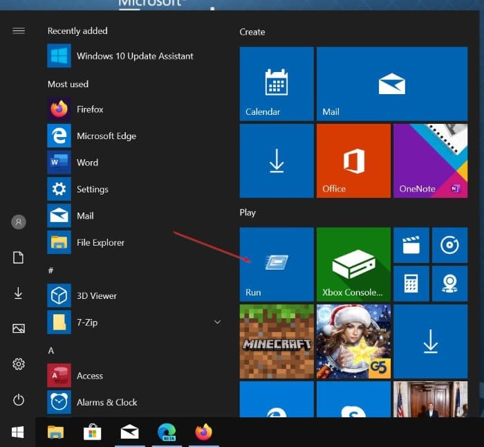commande Pin Run dans le menu Démarrer dans Windows 10 pic01