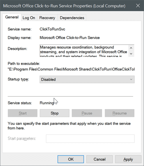 désactiver Microsoft Office cliquez pour exécuter le service dans Windows 10 pic2