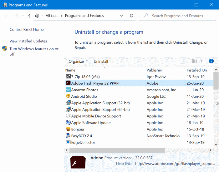 désinstaller complètement Adobe Flash Player de Windows 10 pic1