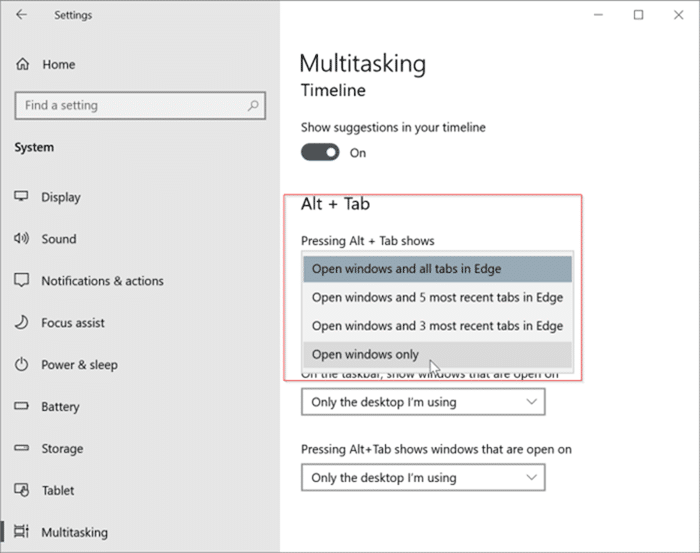 désactiver les onglets de bordure dans l'onglet Alt Windows 10 pic1