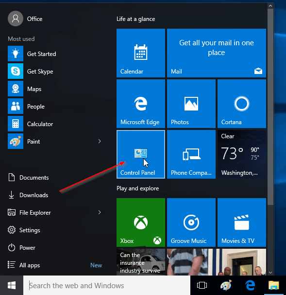 Ajouter le panneau de configuration au menu Démarrer de Windows 10
