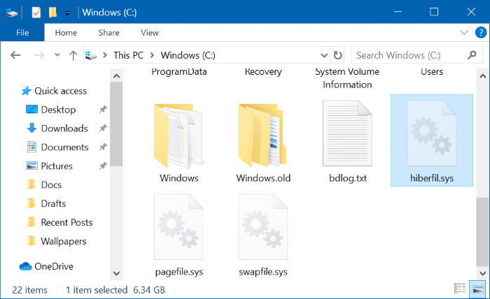 déplacer le fichier sys hiberfil pour mettre en veille prolongée dans Windows 10