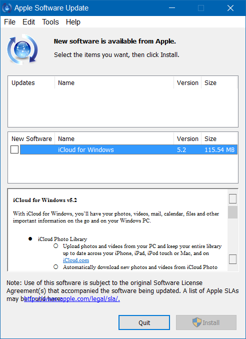 désactiver l'écran de mise à jour du logiciel Apple dans Windows 10