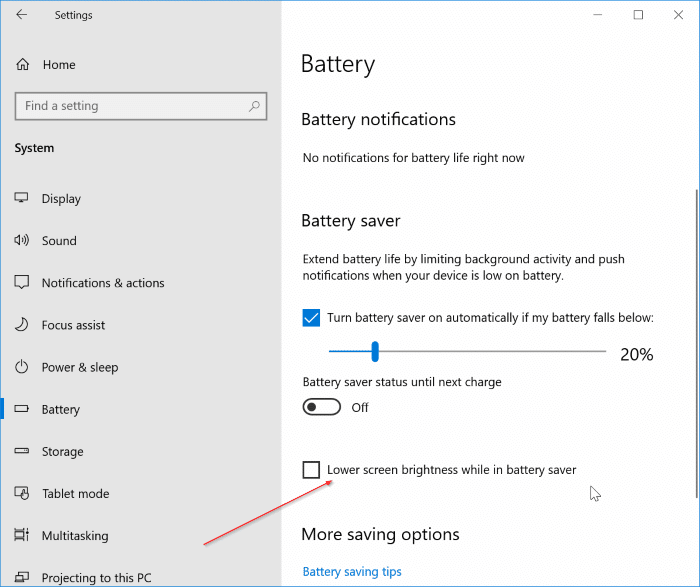 réduire la luminosité de l'écran lors de l'utilisation de l'économiseur de batterie dans Windows 10