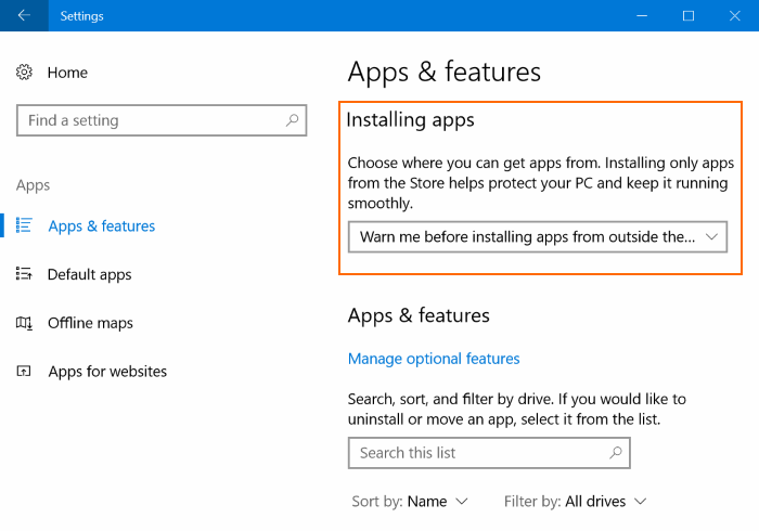 empêcher l'installation d'applications depuis l'extérieur du magasin dans Windows 10 pic1