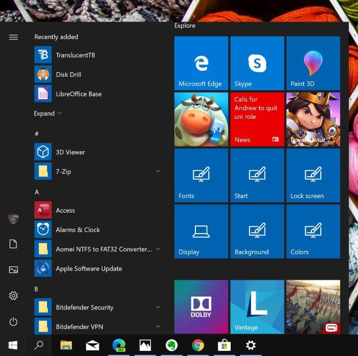 Paramètres du menu Démarrer dans Windows 10