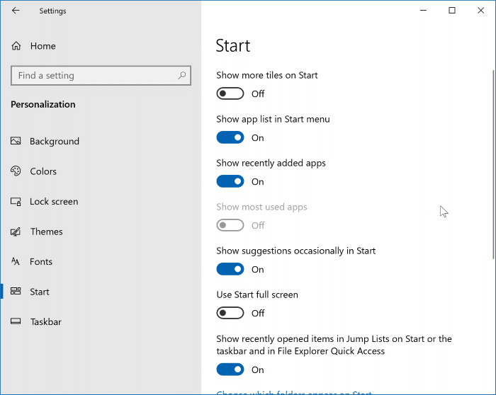 ouvrir les paramètres du menu de démarrage dans Windows 10